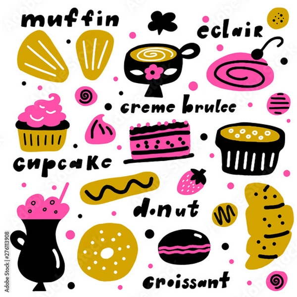Fototapeta Desserts. Vector cartoon illustration of different cakes and pastries.