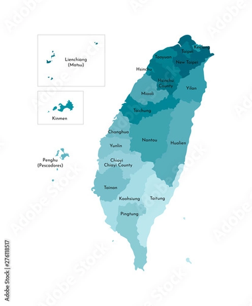 Fototapeta Vector isolated illustration of simplified administrative map of Taiwan, Republic of China (ROC). Borders and names of the regions. Colorful blue khaki silhouettes