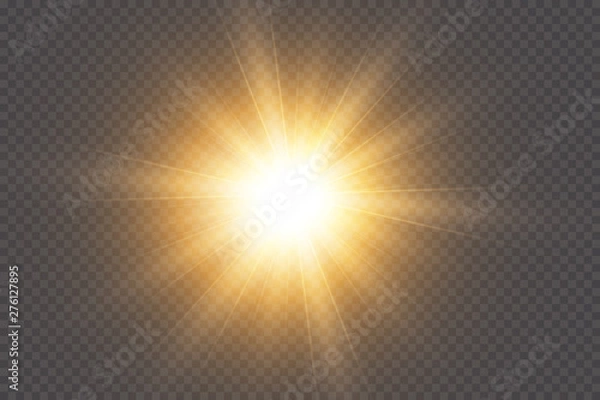 Fototapeta White glowing light explodes on a transparent background. with ray.  Transparent shining sun, bright flash.  Special lens flare light effect.