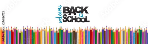 Fototapeta Welcome back to school banner background with a pile of colorful pencils. Header for website, magazine, advertisement, sale, shopping. Realistic vector illustration.