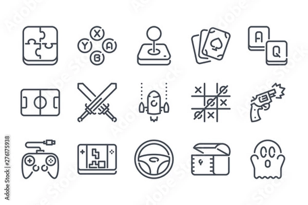 Fototapeta Video game related line icon set. Games category linear icons. Mobile game vector signs and symbols collection.