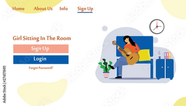 Fototapeta girl sitting in the room on the sofa playing Music. Vector flat illustration.landing page template, cartoon style