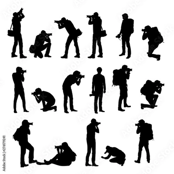 Fototapeta Set realistic silhouettes of male photographer with camera in different positions. Standing, kneeling and sitting at photography. Isolated on white background, vector