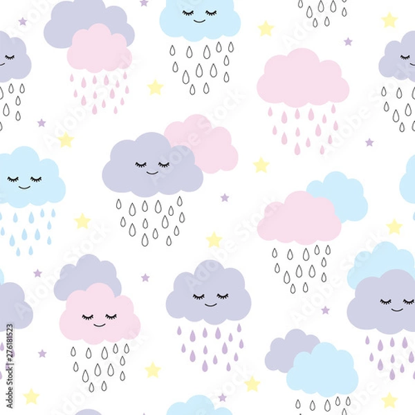 Fototapeta Seamless pattern with smiling, sleeping raining clouds vector illustration