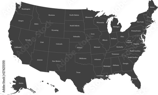 Fototapeta Map of the United States of America split into individual states. Displaying full name of each state.