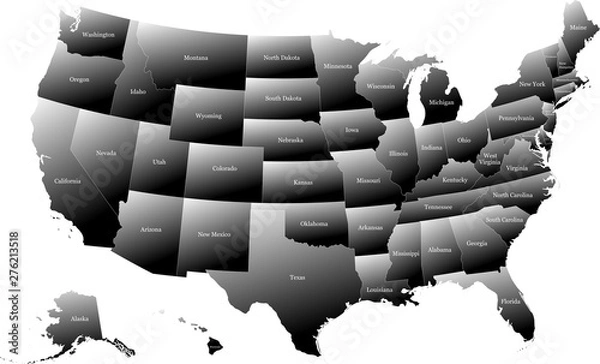 Fototapeta Map of the United States of America split into individual states. Displaying full name of each state. Gradual coloring from white to black creating a 3D effect.