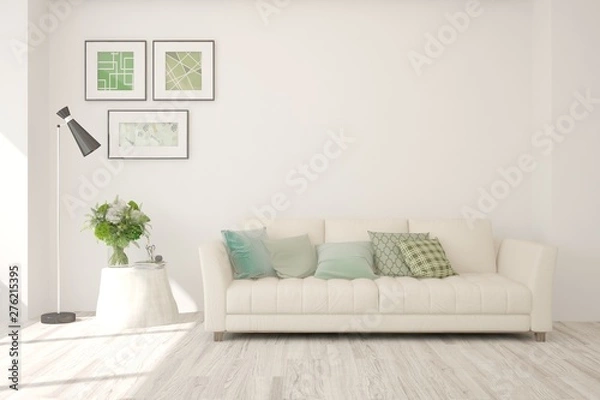Fototapeta Stylish room in white color with sofa. Scandinavian interior design. 3D illustration