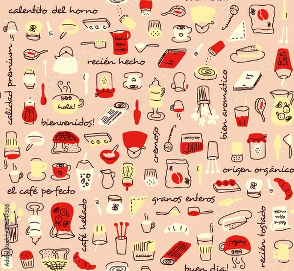 Fototapeta Coffee store elements with people and text in spanish seamless pattern in pink with yellow and red. Brunch and teatime hand drawn icons for backgrounds, textile, wrapping paper and wallpaper