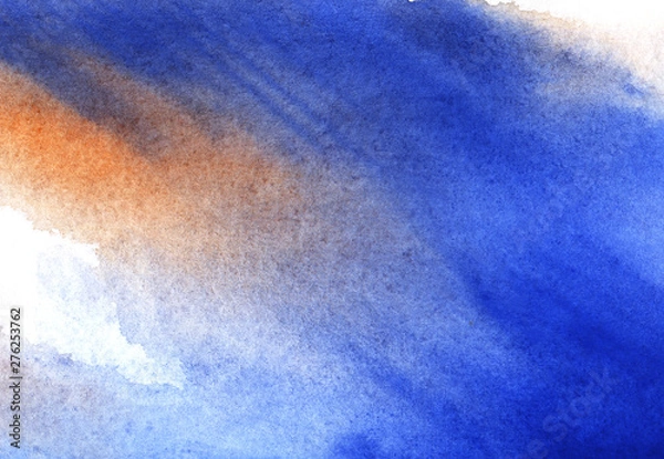 Fototapeta Abstract background in watercolor tones with wet ink effect. Brushstroke painting with paper texture for trendy design. Smooth mix of blue, white and orange in the color palette.