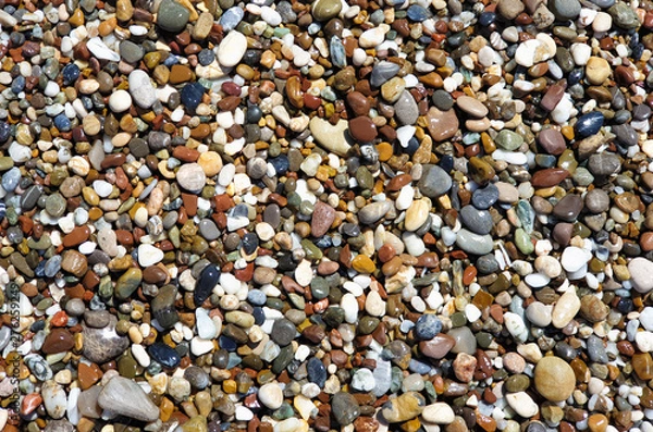 Fototapeta Multi-colored large sea pebbles of various shapes on the sandy shore of the Mediterranean sea for background