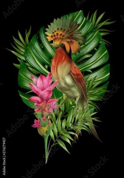 Obraz Hand drawn  allium botanical tropical hummingbird parrot leaf illustration 