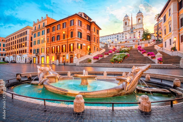 Fototapeta Piazza di Spagna w Rzymie, Włochy. Hiszpańskie schody rano. Architektura i punkt orientacyjny Rzymu.