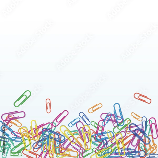 Fototapeta Heap of realistic colorful paper clips isolated on white background. Design element for banner, office or school supplies. Tools for education and work. Bottom border with copy space..