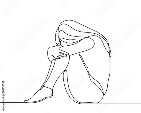 Fototapeta Continuous line drawings of young woman feeling sad, tired and worried about suffering from depression in mental health. problems, failures and concepts of heartbreak isolated on white background