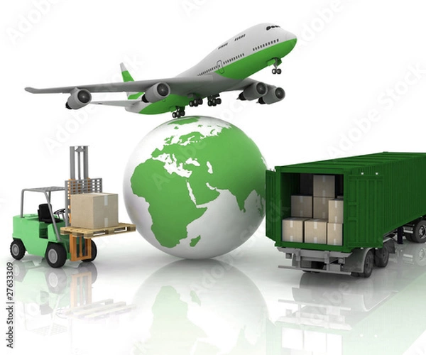 Obraz airliner with a globe and autoloader with boxes