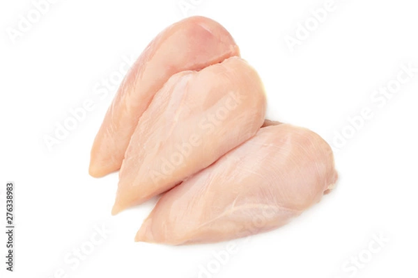 Obraz Threee fresh raw chicken breasts on white background.