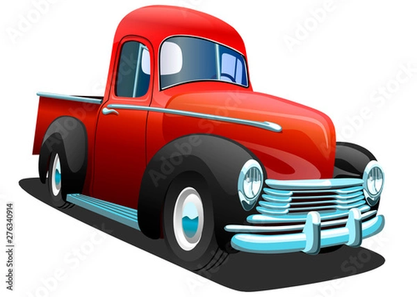 Obraz Cartoon red retro truck pickup car, on a white background. ESP Vector illustration.