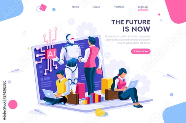 Fototapeta Human interactive tech interaction. Images of robot human working at office, can use for web banner, infographics, hero images. Flat isometric vector illustration isolated on white background