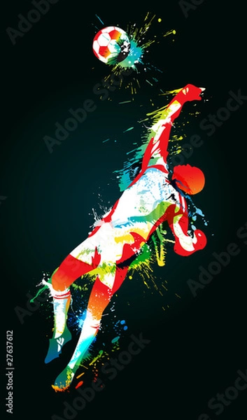Obraz The football goalkeeper catches a ball on the black background