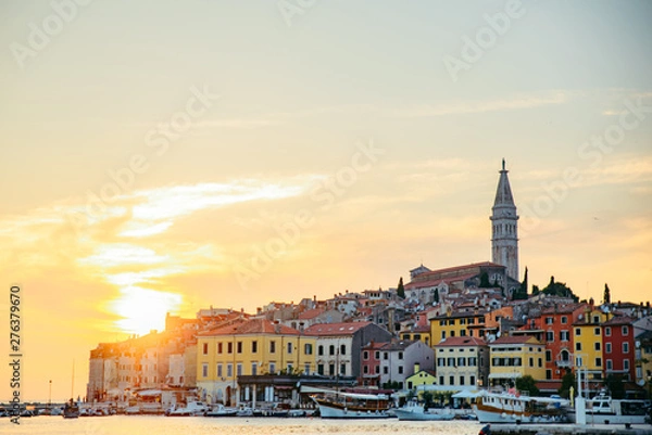 Fototapeta view of beautiful old city Rovinj in Croatia on sunset