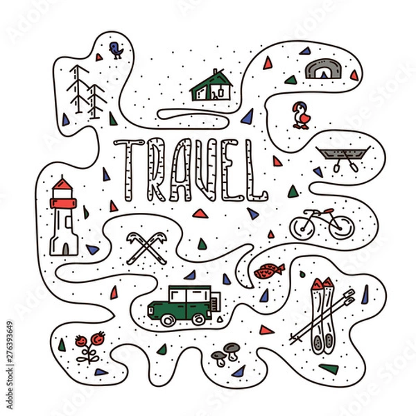 Fototapeta Set of hand drawn color travel doodle. Vector illustration.