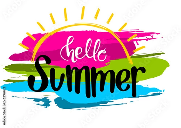 Fototapeta Hello Summer Inscription with a Colorful Brush Strokes - Colored Illustration Isolated on White, Vector Graphic