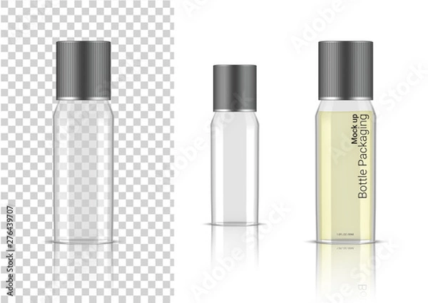 Fototapeta Transparent Bottle. 3D Mock up Realistic Cosmetic, Oil Serum, perfume for Skincare Product Health Care Packaging and Science With metallic Cap on  Background Illustration