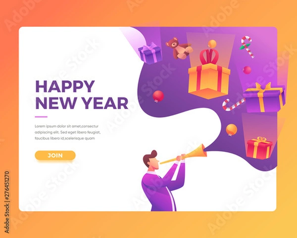 Fototapeta Landing page template or card winter Holidays corporate Party. Merry Christmas and Happy New Year Website with People Characters. someone blew a trumpet with Christmas gift
