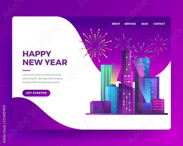Obraz Landing page template or card winter Holidays corporate Party. Merry Christmas and Happy New Year Website with People Characters. the city celebrates the new year