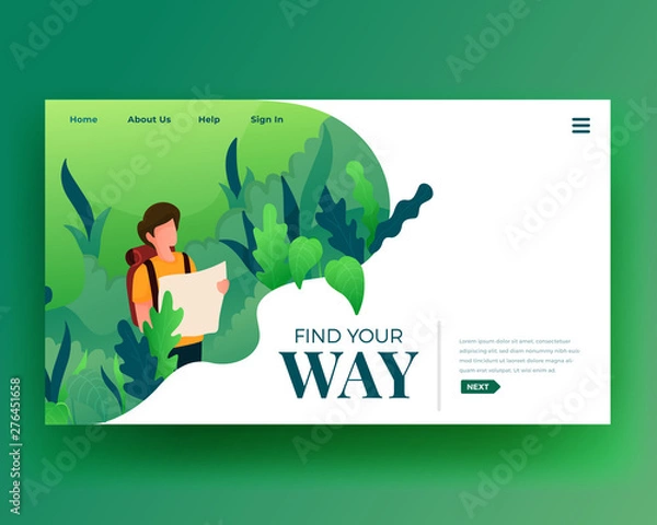Obraz Character Walk at Forest with Backpack. Adventure Outdoor Vacation. Flat Cartoon Vector Illustration suitable for Website Page and Advertisement. Summer Landing Page. Holiday Illustration