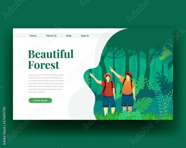 Obraz Two Character Walk at Forest with Backpack. Adventure Outdoor Vacation. Flat Cartoon Vector Illustration suitable for Website Page and Advertisement. Summer Landing Page. Holiday Illustration
