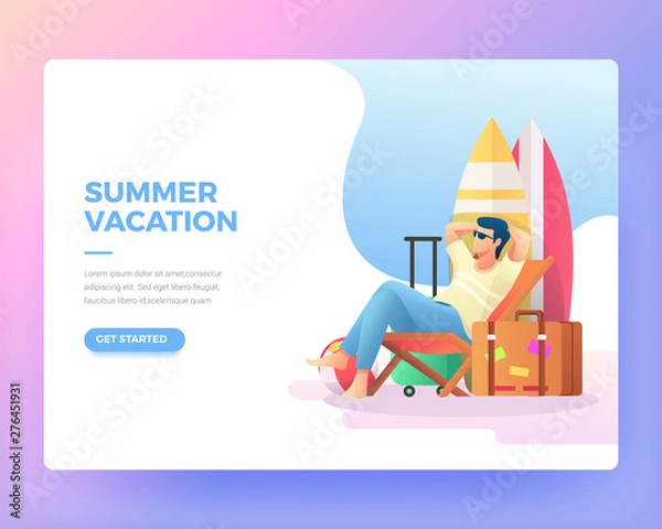 Obraz The bespectacled man is sitting relaxed. man is relaxed. Vector Cartoon Illustration. Gradient Flat Illustration. Summer Landing Page. Holiday Illustration
