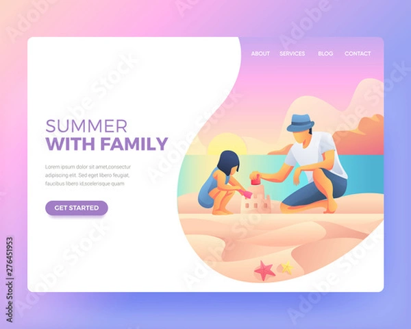 Obraz child playing with his father on the beach. playing at the beach. Vector Cartoon Illustration. Gradient Flat Illustration. Summer Landing Page. Holiday Illustration