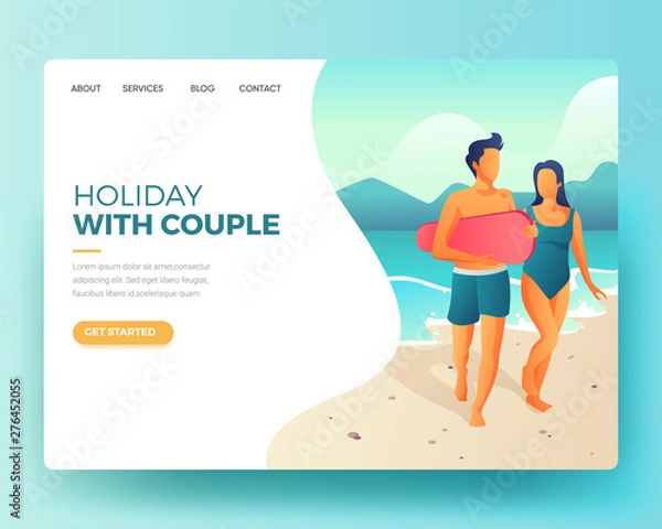 Obraz Landing Page in Flat Tropical Style Offering Surfing. Summer Landing Page. Holiday Illustration