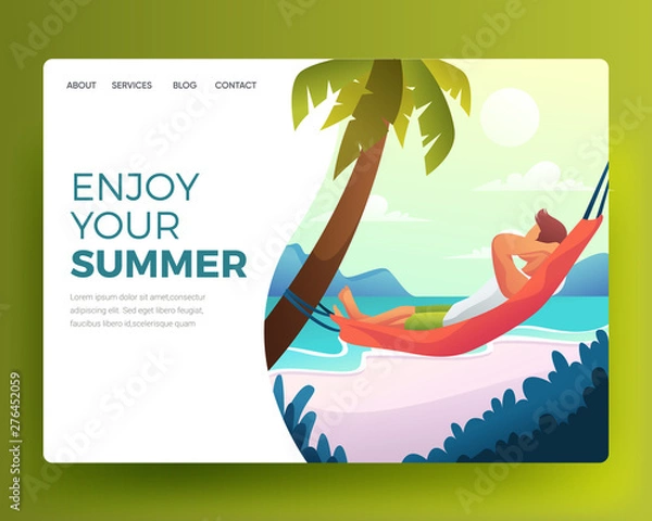 Obraz Landing Page in Flat Tropical Style Offering Surfing. relaxing man sleeping on the beach. Vector Cartoon Illustration. Gradient Flat Illustration. Summer Landing Page. Holiday Illustration