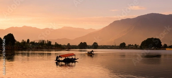 Fototapeta Shikara boats on Dal Lake with Sunset Dal Lake in Srinagar Jammu and Kashmir state India
