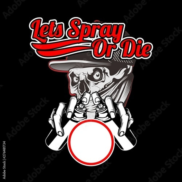 Obraz skull wearing bandana and cap hold spray paint.vector hand drawing,Shirt designs, biker, disk jockey, gentleman, barber and many others.isolated and easy to edit. Vector Illustration - Vector