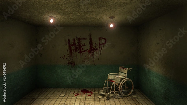 Obraz Horror and creepy front of the examination room and wheelchair in the hospital and help Blood .3D rendering