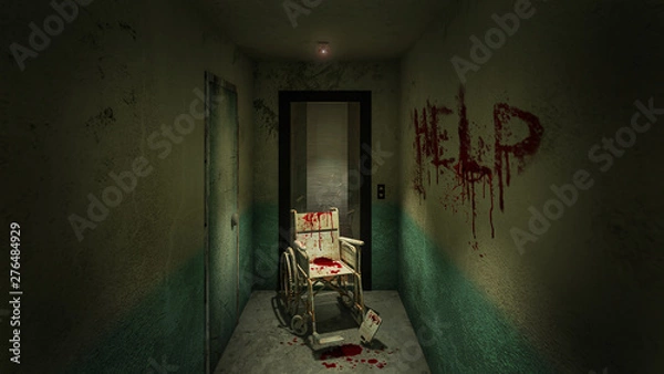 Fototapeta horror and creepy lift with wheelchair in the hospital and help blood.3D rendering