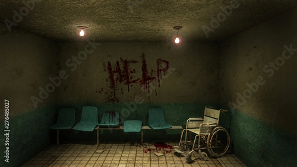 Fototapeta Horror and creepy seat waiting and wheelchair in front of the examination room in the hospital and help Blood .3D rendering