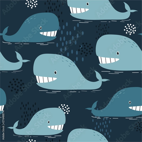 Obraz Happy whales, hand drawn seamless pattern. Marine background vector. Colorful illustration, overlapping backdrop. Decorative cute wallpaper, good for printing