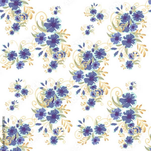 Obraz Vintage seamless pattern with field small blue flowers on white background. Flower vector. Romantic floral surface design. Spring landscape.