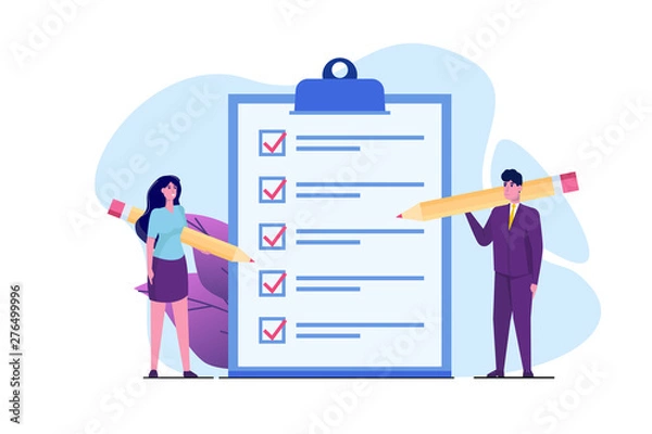 Fototapeta Businessman and Businesswoman checklist concept. Teamwork Checking business  task success, questionnaire checkbox. Vector illustration.