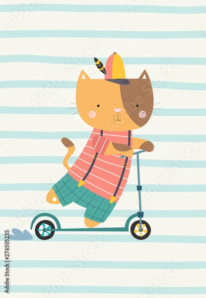 Fototapeta Cute cat on a scooter. Vector illustration in a scandinavian style. Cute and funny poster.