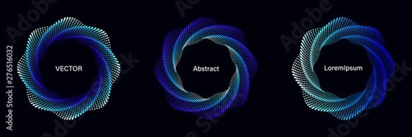 Fototapeta Set of Spiral Dotted Graphic Elements in Blue Tones. Geometric Vector Frames on Black Background.