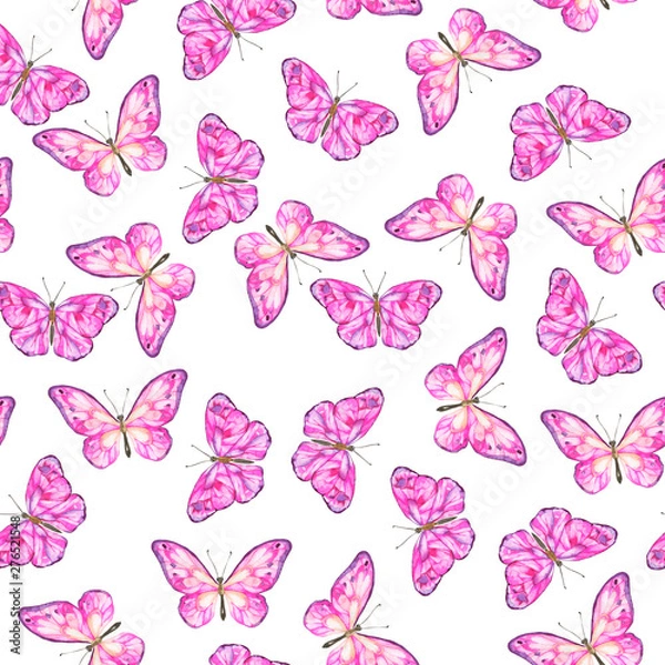 Fototapeta Seamless pattern with bright pink butterflies on white background. Hand drawn watercolor illustration.