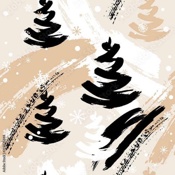 Obraz Seamless winter pattern with abstract elements, hand drawn Christmas trees and snowflakes