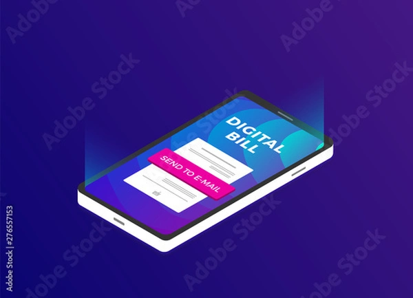 Fototapeta Flat isometric vector concept of digital bill receipt vector concept, online payment, money transfer, mobile wallet. For website landing page, template, layout icon.