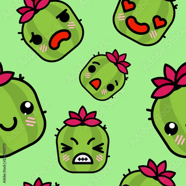 Fototapeta Seamless pattern with cute kawaii emoji cacti vector cartoon illustration