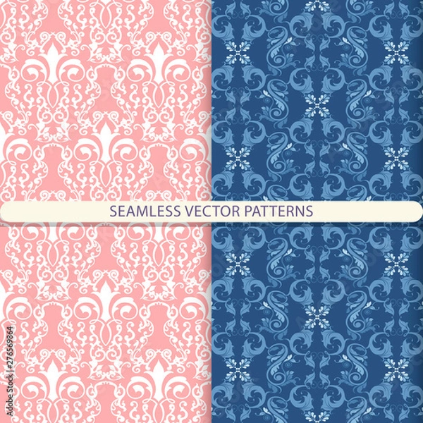 Fototapeta Abstract seamless vector patterns with white, blue, blue ornament elements on blue and light red background. Print for textiles, wrapping paper, design for wallpaper, furniture and packaging